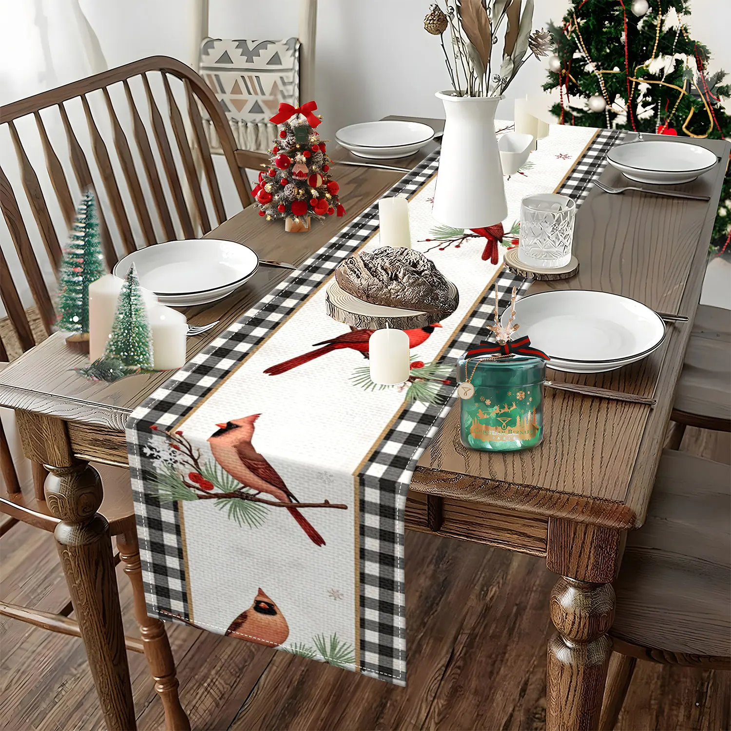 قطعة واحدة من مفرش طاولة الكاردينال الأحمر المنقوش لعيد الميلاد، مزين بالكاردينال الأحمر وفروع الصنوبر، مناسب لزينة عيد الميلاد والعطلات #4