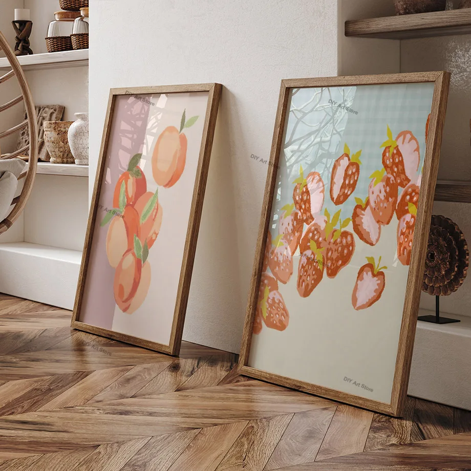 Retro Lemon Orange Peach Cherry Abstract Fruit Gallery Poster And Prints Wall Art Canvas Painting Pictures For Living Room Decor