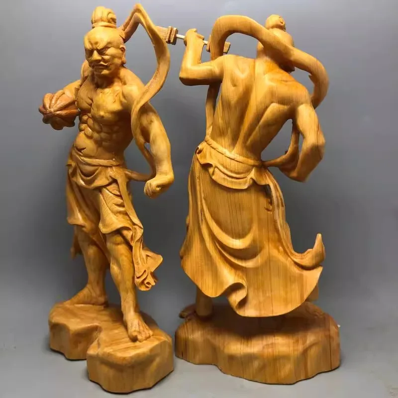 Natural Solid Wood Grand Marshal Marshals Hum Ha Two Will Door God Statue Hand-Carved Home Room Office Decor Figure Statue Suit view 3