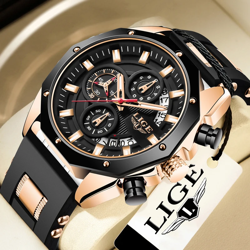 LIGE Fashion Men Watches Top Brand Luxury Silicone Sport Watch Men Quartz Date Clock Waterproof Wristwatch Chronograph Clock Man