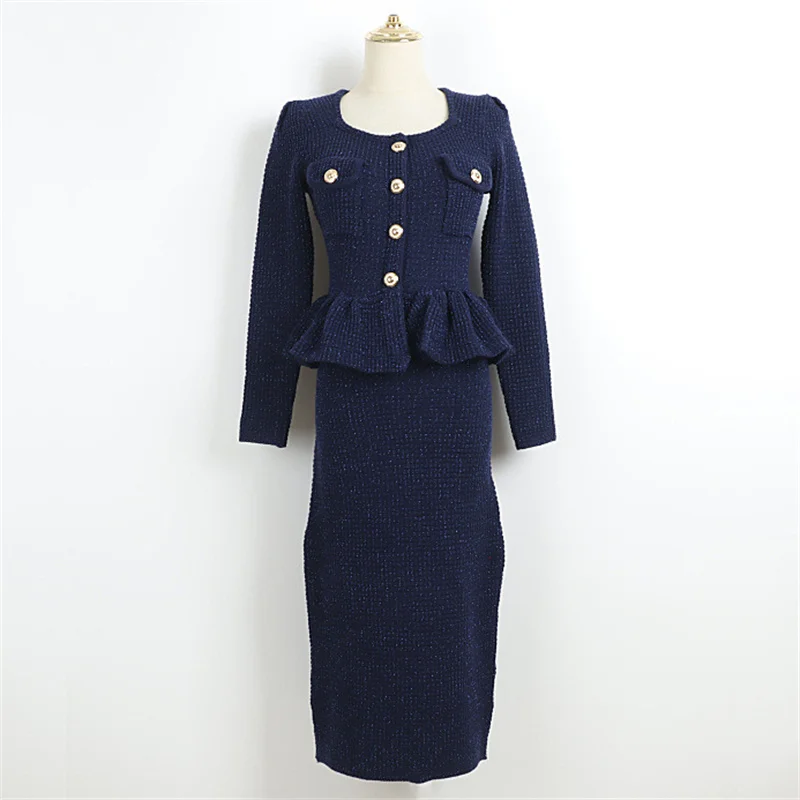

Women's dress 2026 Spring new elastic knitted long dresses Metal button long sleeved dress shoulder pad slim fit party dresses