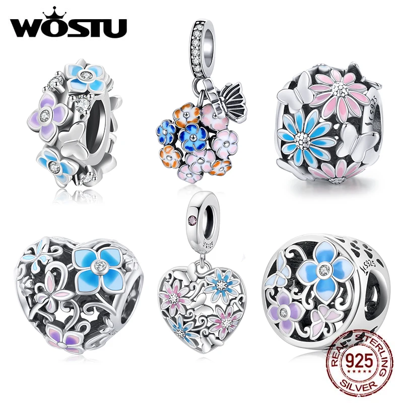 WOSTU Real 925 Sterling Silver Flower Butterfly Garden Charms Beads Heart Pendants Fit Original DIY Bracelet Necklace Jewelry