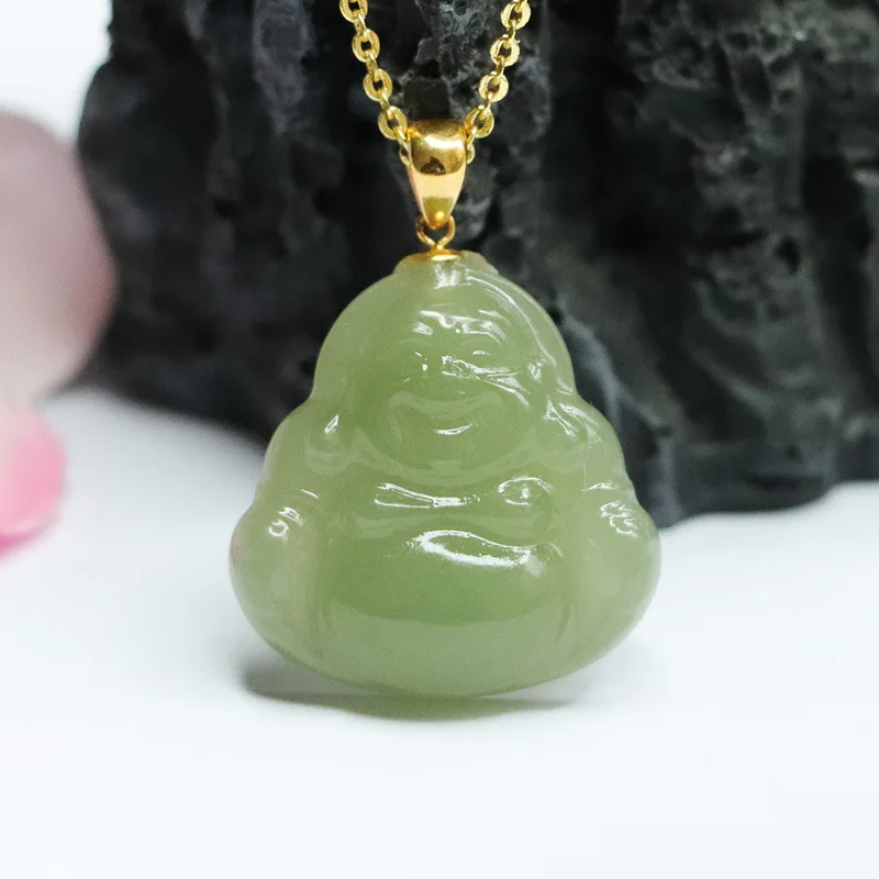

18K Gold Natural Hetian Jade Celadon Buddha Pendant Meditation Gift Enlightenment HT1020328