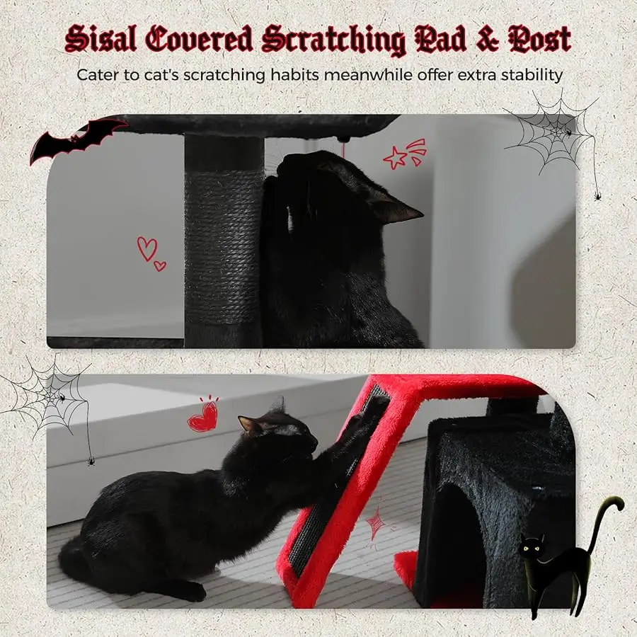 برج شجرة القطط القوطية من PETEPELA للقطط الداخلية، شقة برج القطط الصغيرة مقاس 31.5 بوصة مع منحدر خدش من السيزال، أرجوحة مريحة وإزالة #5