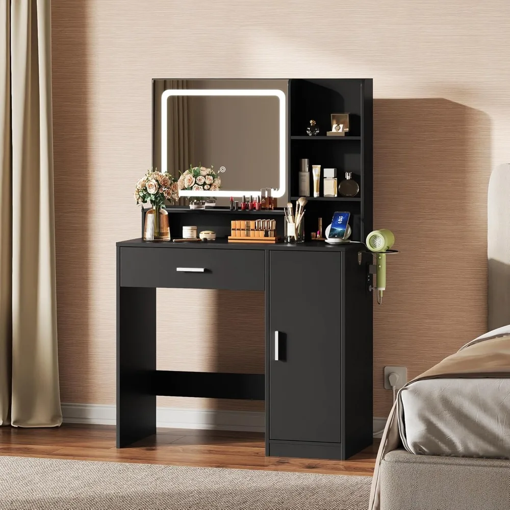 

35‘’ Modern Makeup Vanity Desk with Mirror and Lights, Dressing Table with Storage Drawers and 3 Open Shelves for Bedroom,