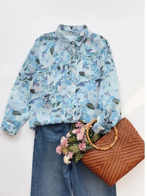 

Watercolor Floral Cotton Linen irt Women's Top Thin Cotton Linen Material Fre Print Spring Summer Loose Fit Korean Sle