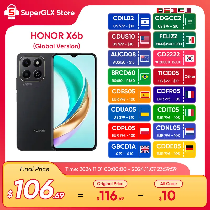 

Global Original HONOR X6b 4G Smartphone Mediatek Helio G85 6.56 inches 90Hz TFT LCD Display 50MP Dual Camera 5200mAh Battery