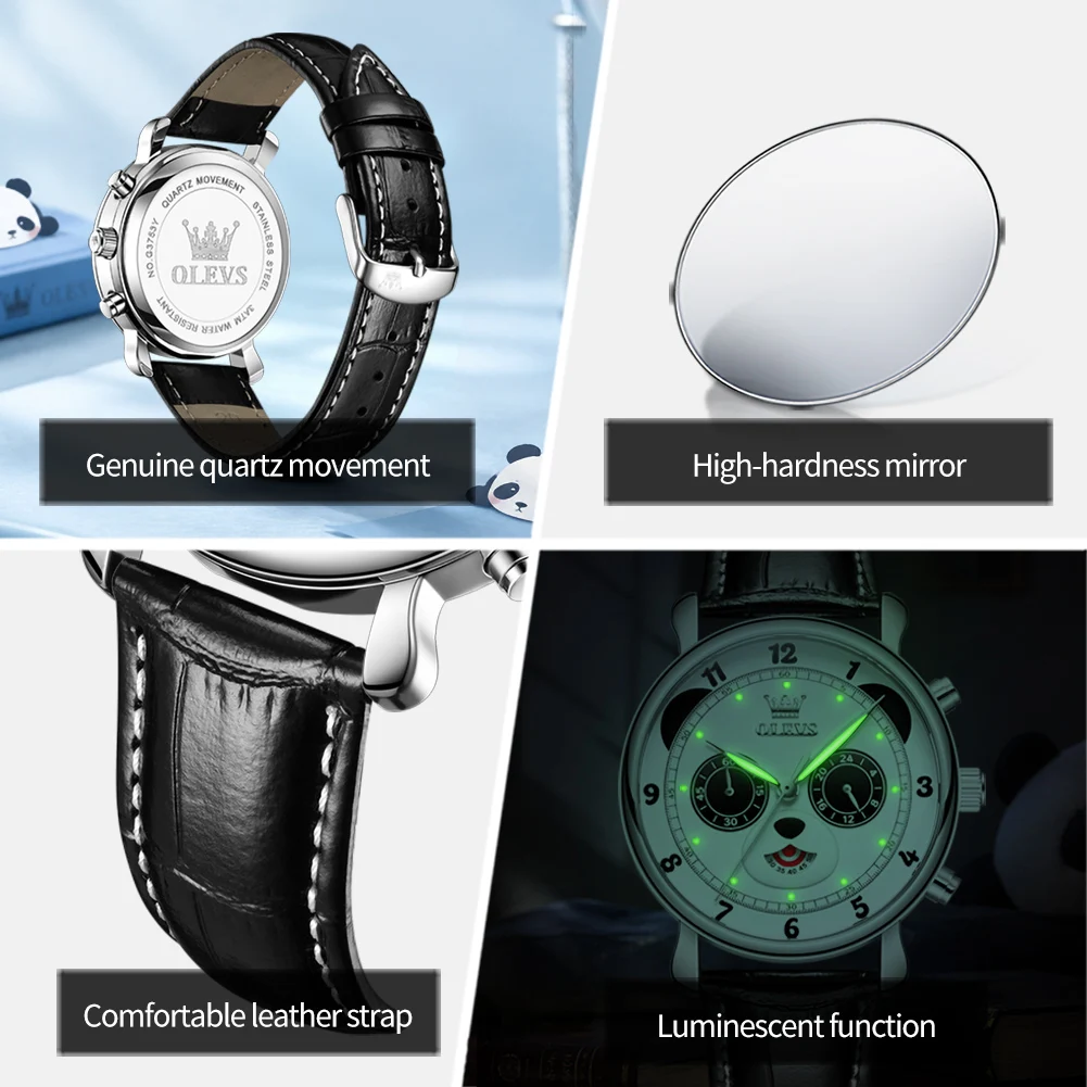OLEVS Brand 2027 New Fashion Panda Eye Dial Chronograph Quartz Watch for Men Leather Strap Waterproof Luminous Wristwatch Men's
