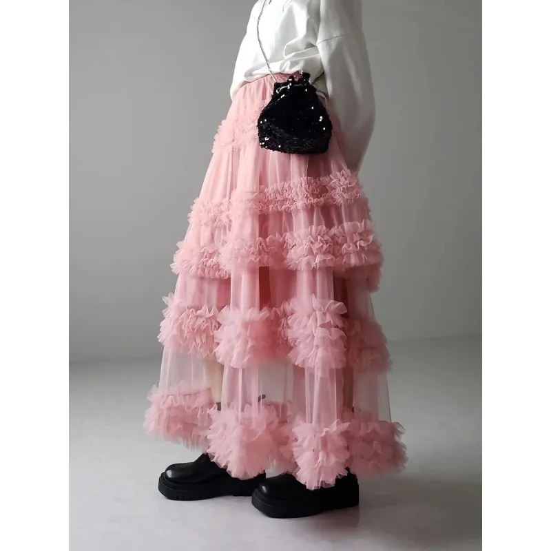 

New Style Layered Autumn Irregular Cake Skirt Long Skirt Mesh Candy Color All-matchr Fairy High Waist Slim Skirt Spring Summer