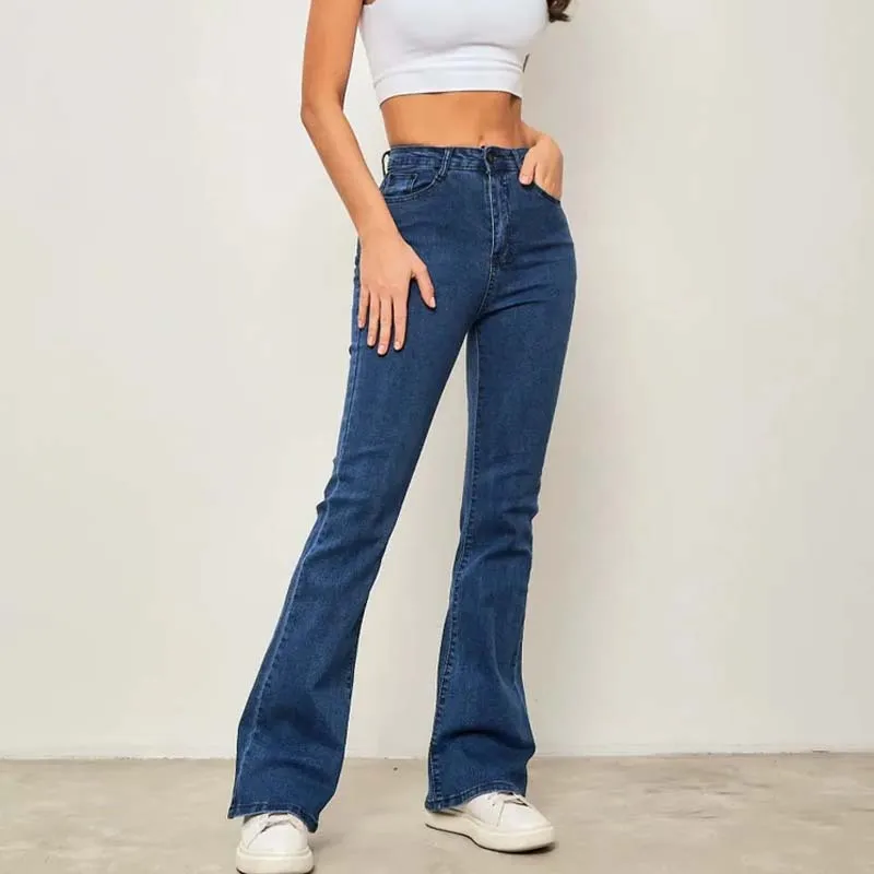 Dark Blue High-Waisted Flare Jeans with High Elasticity, Slim-Fit Cut to Accentuate a Slender Figure and Elongate the Silhouette