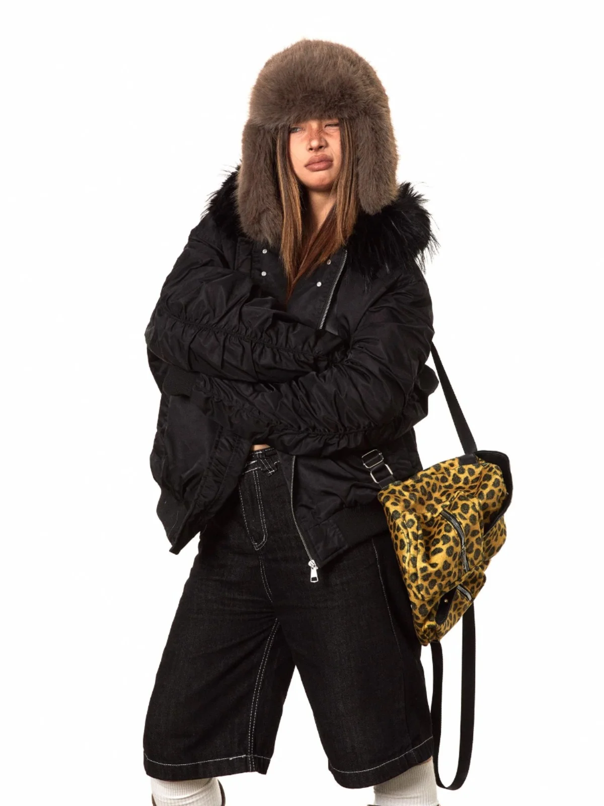 Blackbb American Retro Design Folded Collar Thickened Short Cotton Jacket Winter Hooded Coat Windproof Women's Fashion