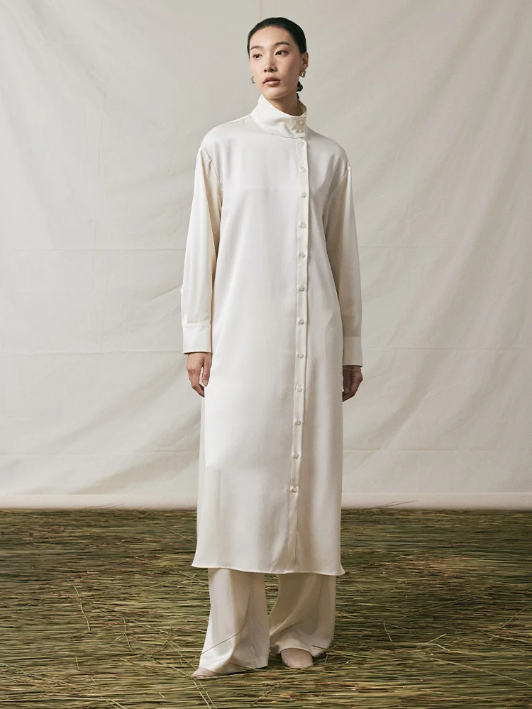 

SAY Acetate Long irt Dr Asymmetrical Design Long Sve Stand Collar Gown Dra Outerwear Summer Women's Faion