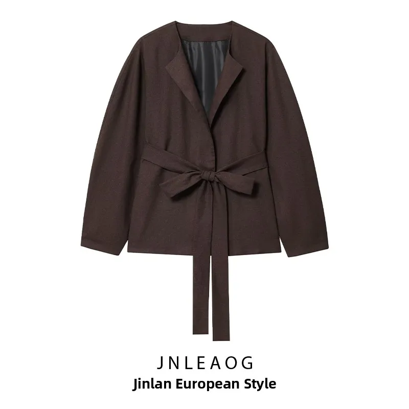 

Faionable Linen Waist Belt Kimono Sle Jaet Women's Clothing Autumn New Arrival Loose Fit Polyester Long Sve Coat