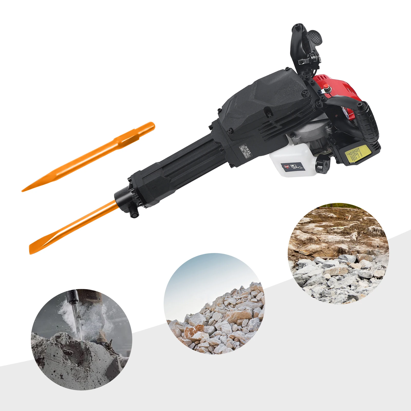 1900W Gas Demolition Jack Hammer, 52CC Concrete Breaker with 1500bpm Impact & 20-55J Energy, Point & Flat Chisel for Rock Breaking