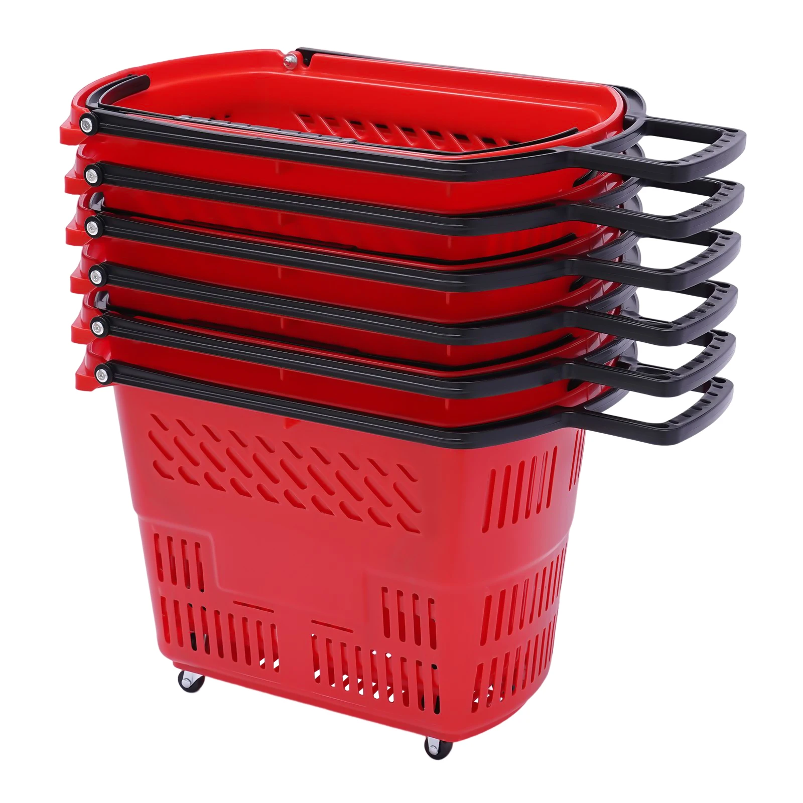 35L 6PCS Shopping Carts with Wheels and Handle, Red Shopping Basket Plastic Rolling Shopping Basket, Portable Shopping Baskets