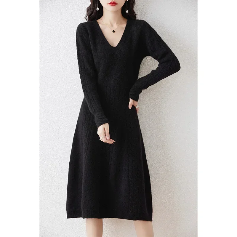 2023 Autumn Winter High Elasticity 100% Wool Sweater Dress Women Thicken Warm Slim Dresses Female Casual Basic Knitted Pullover