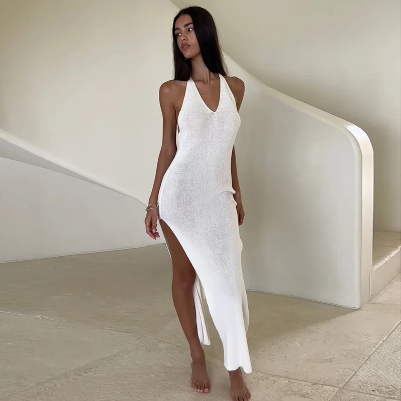 2026 Summer Beach Cover Up for Women Knit Sleeveless Backless Cut Out Slit Swimwear Outer Layer UV Protection Lightweight Sarong