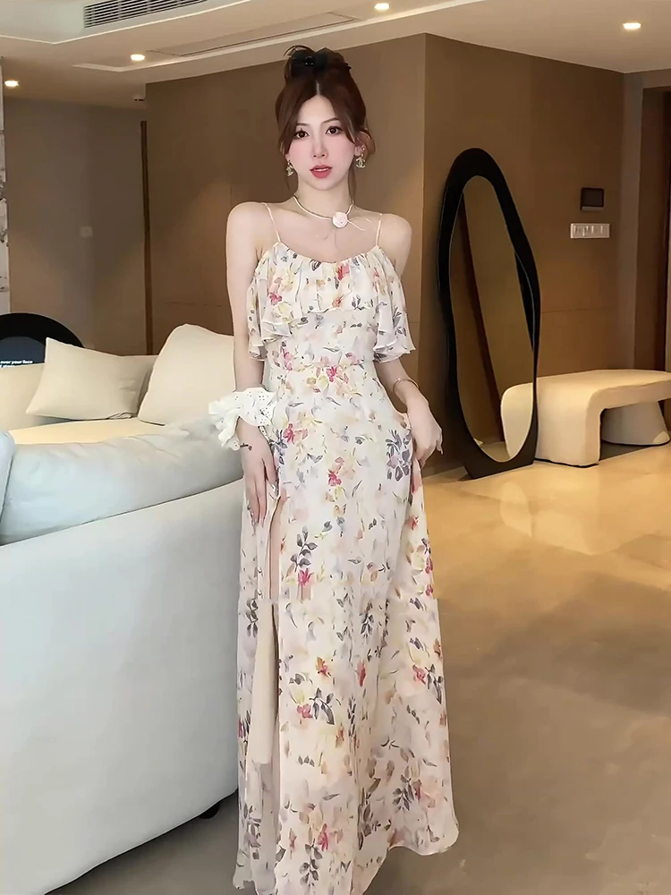 فستان وصيفة الشرف أنيق بنقشة زهور وقصة ضيقة مع كتف مكشوف للنساء صيفي من البوليستر