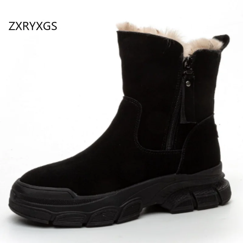 ZXRYXGS Winter Cow Suede with Plush Winter Warm Shoes Snow Boots Flat Thick Sole Genuine Leather in-tube Boot Women Boots 2025