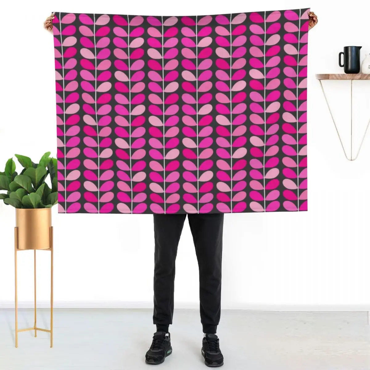 

Mid-Century Danish Leaves, Fuchsia Pink and Gray Throw Blanket Luxurious Soft Blanket Holiday Gift for Family