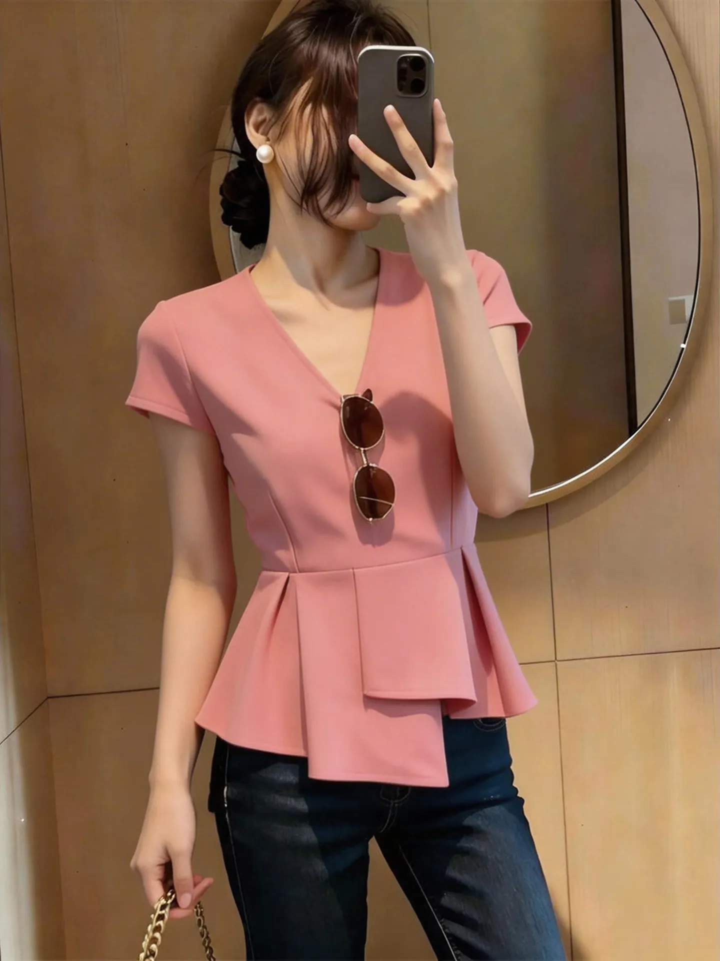 

Spring Summer New Fashion Pink V-neck Short Sleeve Women's Shirt Commute Waist-cinching Versatile High-waist Commute Style Shirt