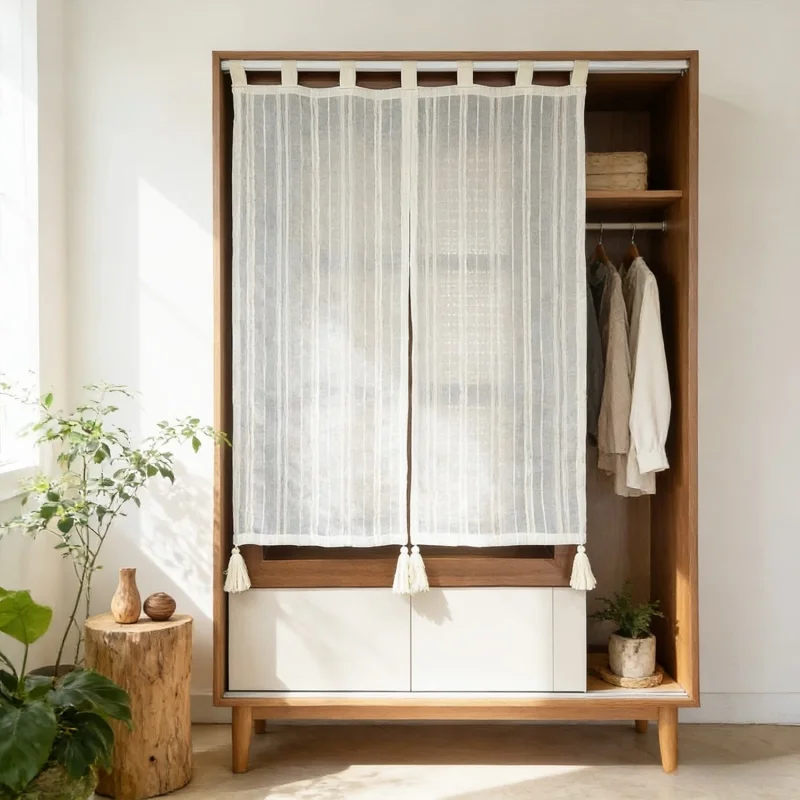 1PC Japanese Design Striped Embroidery Beige Broom Tassel Gauze Curtain Villa Farmhouse Sheer Tulle Coffee Curtain Pulling Short