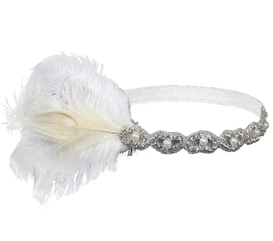 Diademas Vintage de plumas de los años 1920, banda elástica con cuentas de joyas, accesorios de disfraz, tocado de fiesta para Flapper Dre