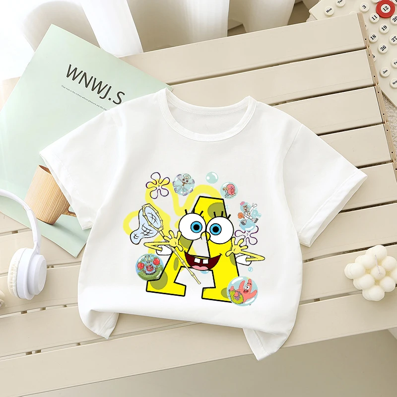 Fashion Sponge-Boby Square Pants T-shirt Cute Tees Cartoon Printed Short Sleeve Clothes Summer Tops Birthday Gifts Outdoor Wear