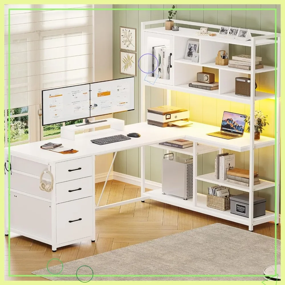 

L Shaped Computer Desk with 3 Drawers, Bookshelf & LED Light - 58'' Home Office Gaming Desk, White