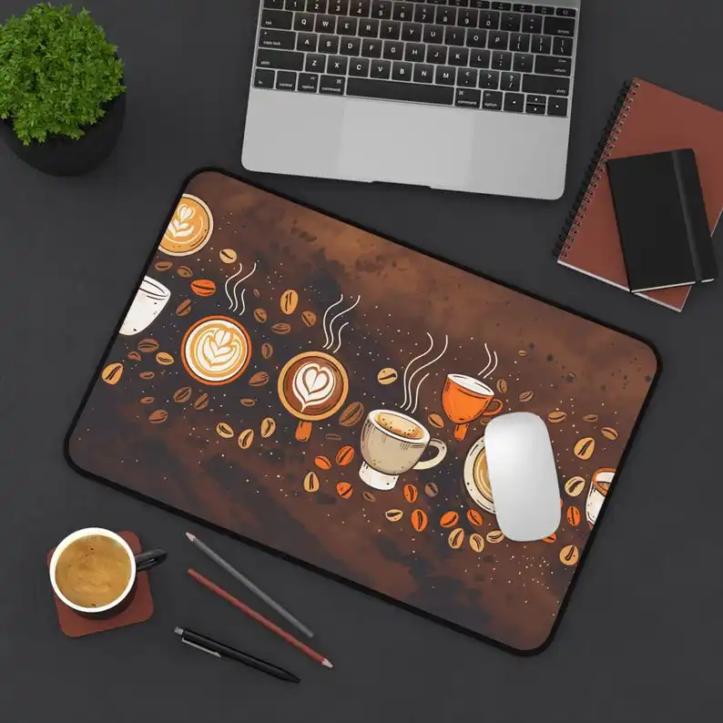Coffee Lover's Deskmat,with A Steaming Cup of Coffee,frothy Latte Art,and Scattered Coffee Beans,creating A Cozy Café Atmosphere