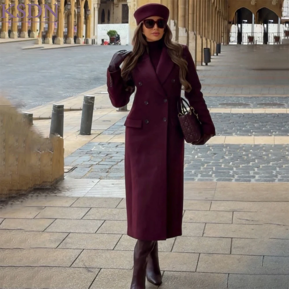 Burgundy Wool Overcoat Women Maxi Blazer Luxury Double Breasted Treach Coat Modest Winter Business Outear