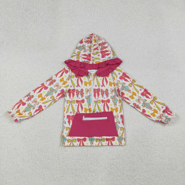 

In Stock No Moq Colorful Bows Print Girls Fall Hoodie Zipper Top