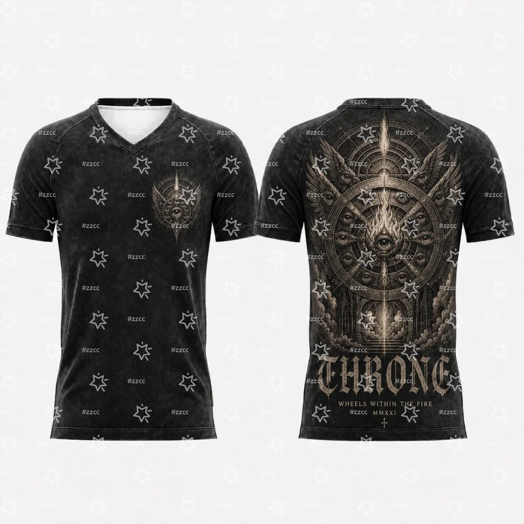 Vintage Washed V‑Neck T‑Shirt Men Biblically Accurate Seraphim Angel Multi‑Eye Wings Back Print Gothic Dark Punk Streetwear Tops