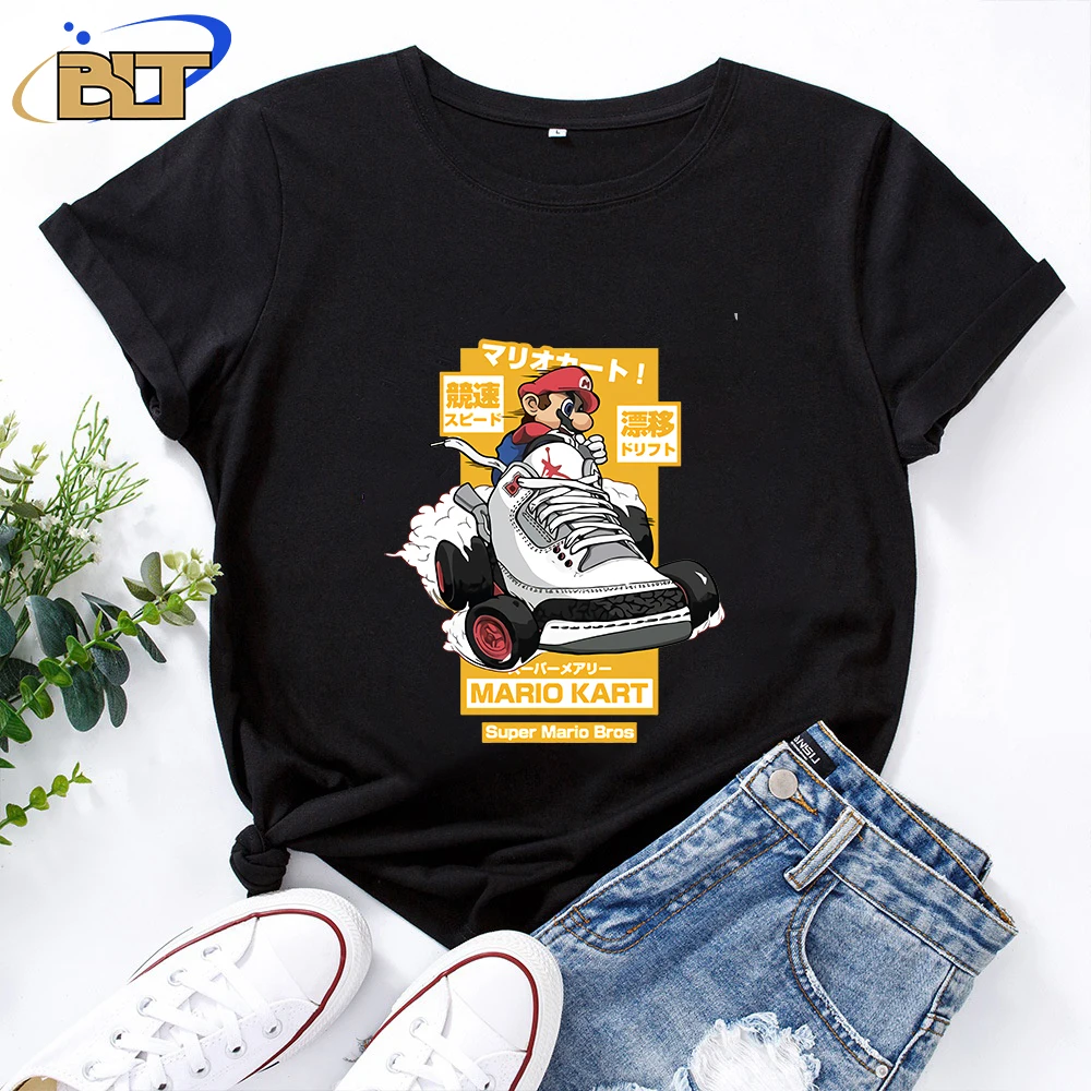 Mario Print Women's T-Shirt Casual Top Black Cotton Short Sleeve