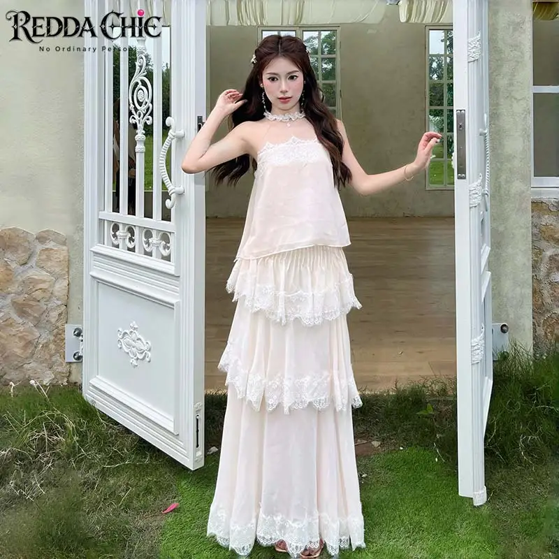REDDACHiC Chiffon Pink Halter Top Skirt Women Matching Set Holiday Pink Flowy Maxi Skirt Lace Trim Top Fairycore Summer Clothes