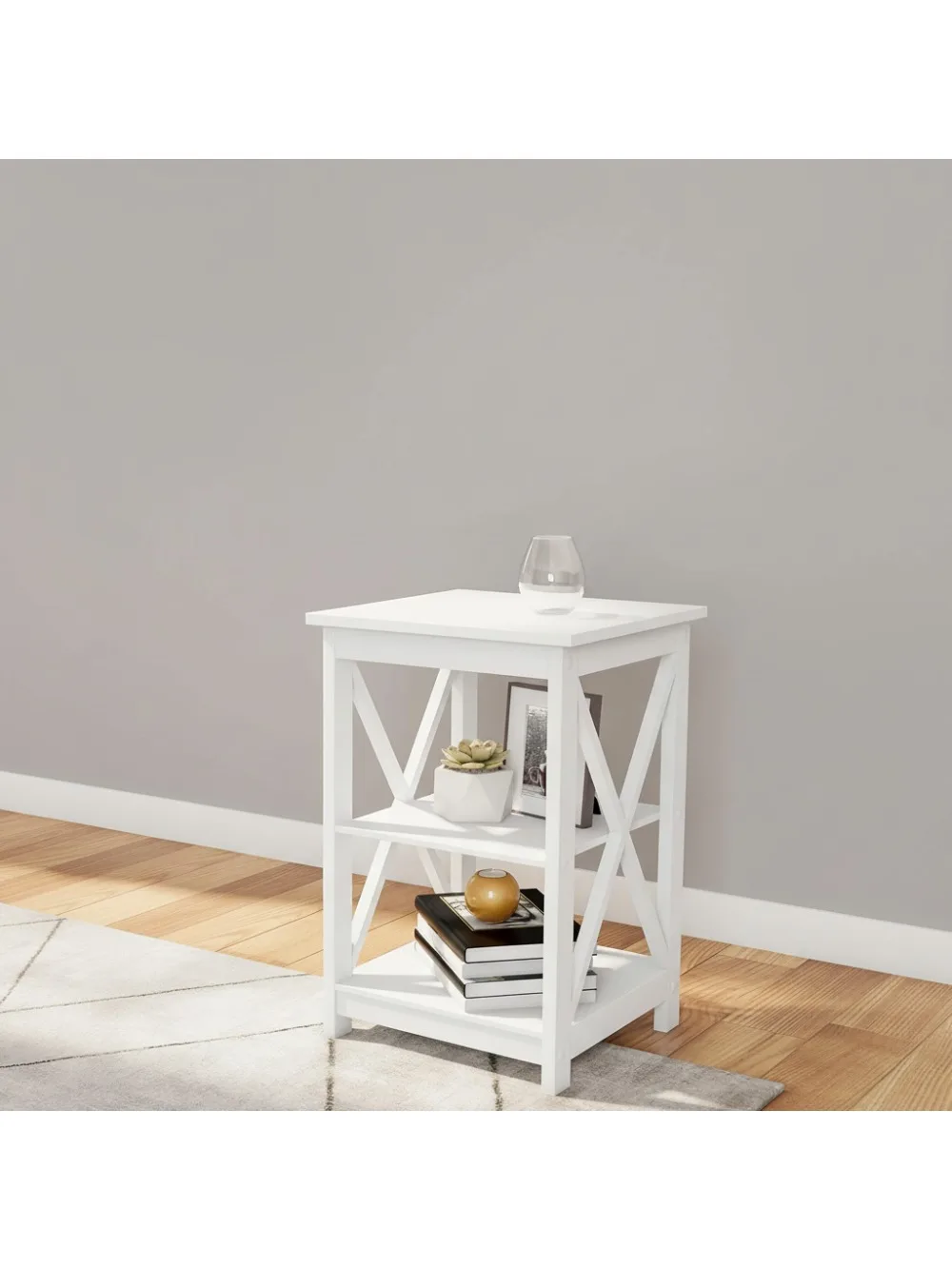 

Modern X-Leg Wooden End Table with 2 Shelves - Small Sofa Side Table for Living Room Bedroom