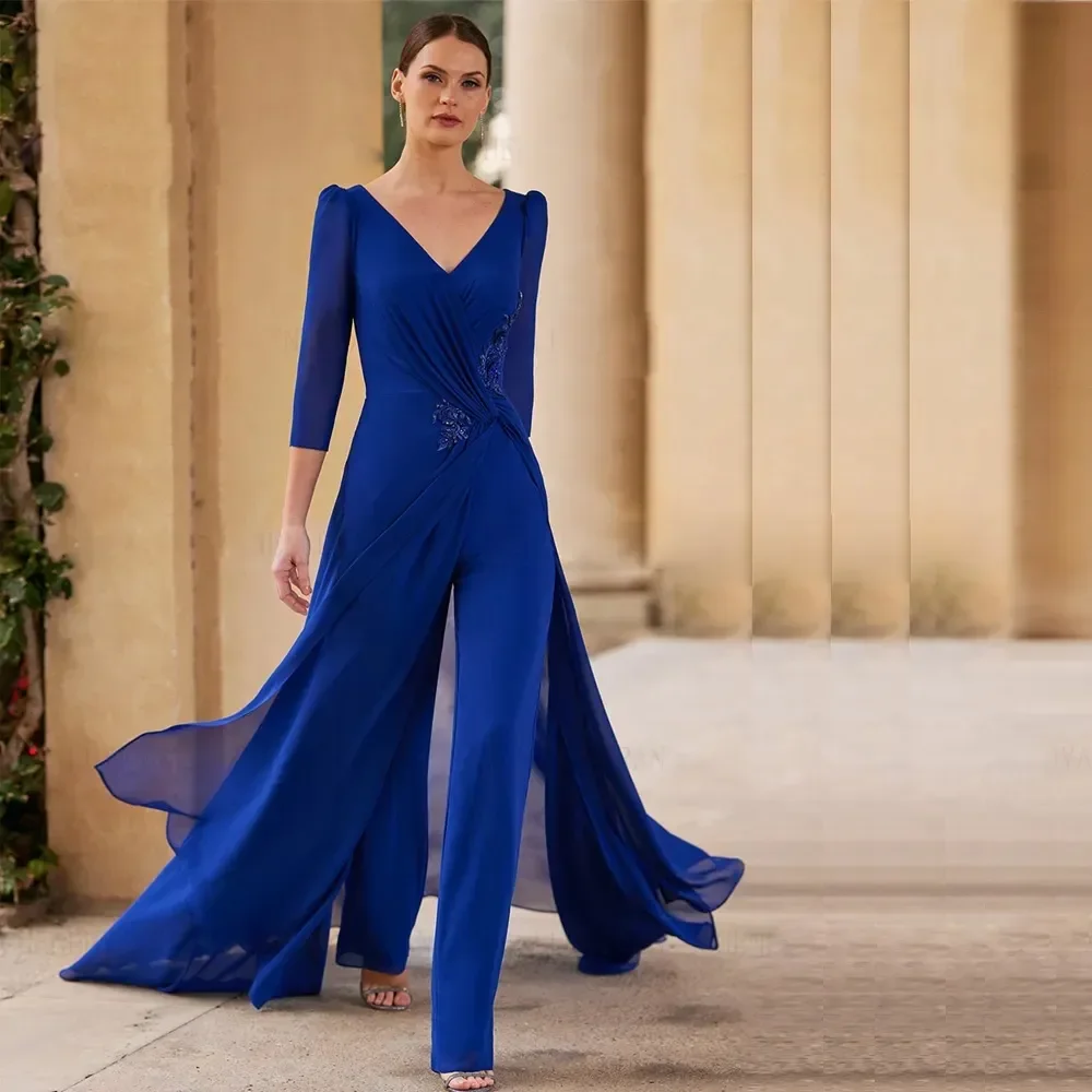 

Royal Blue Chiffon Mother of The Bride Suits V Neck 3/4 Sleeve Outfit for Wedding Guest Wear Long Jacket Pantsuit Mother Dress