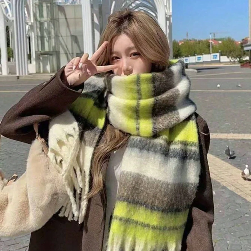 Maillard feminino cachecol reversível xadrez isolamento à prova de vento, personalidade, xale de inverno envoltório grande tartan listra franja cachecol