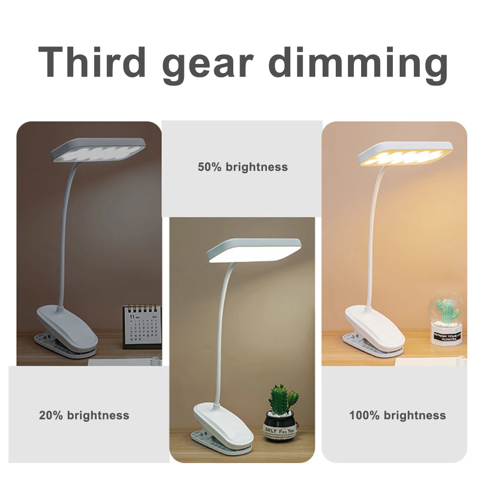 Table Lamp with Clip USB Rechargeable Desk Lamp Bedside Night Light Three Level Dimming Eye Protection Desk Lamp for Bedroom