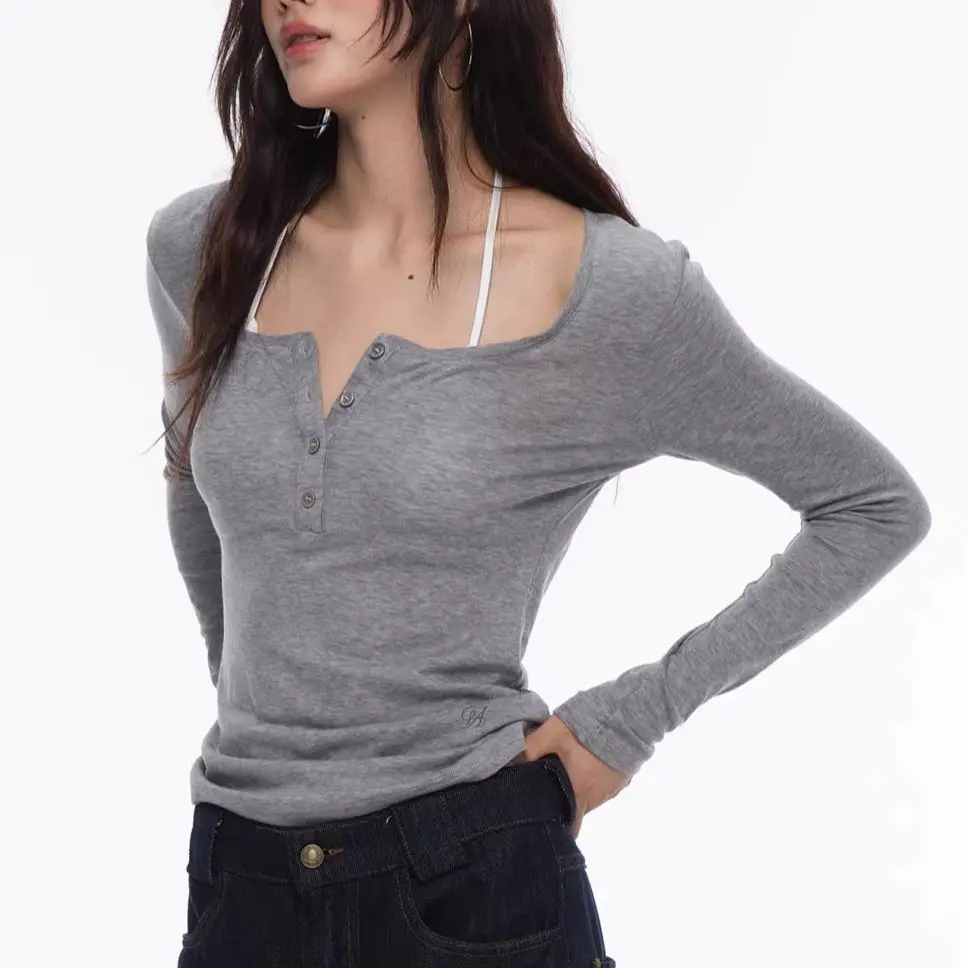 Thread Button Long-Sleeved Base Layer Top Slim Fit Women's Autumn Soft Stretch Wear-Resistant