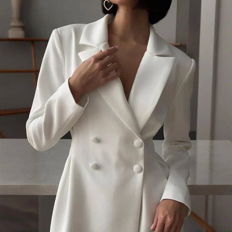 

Elegant Commuting Suit Dress For Women High Waist Long Sleeve Mini Dress Double Breasted Solid Slim Female Party Clothes