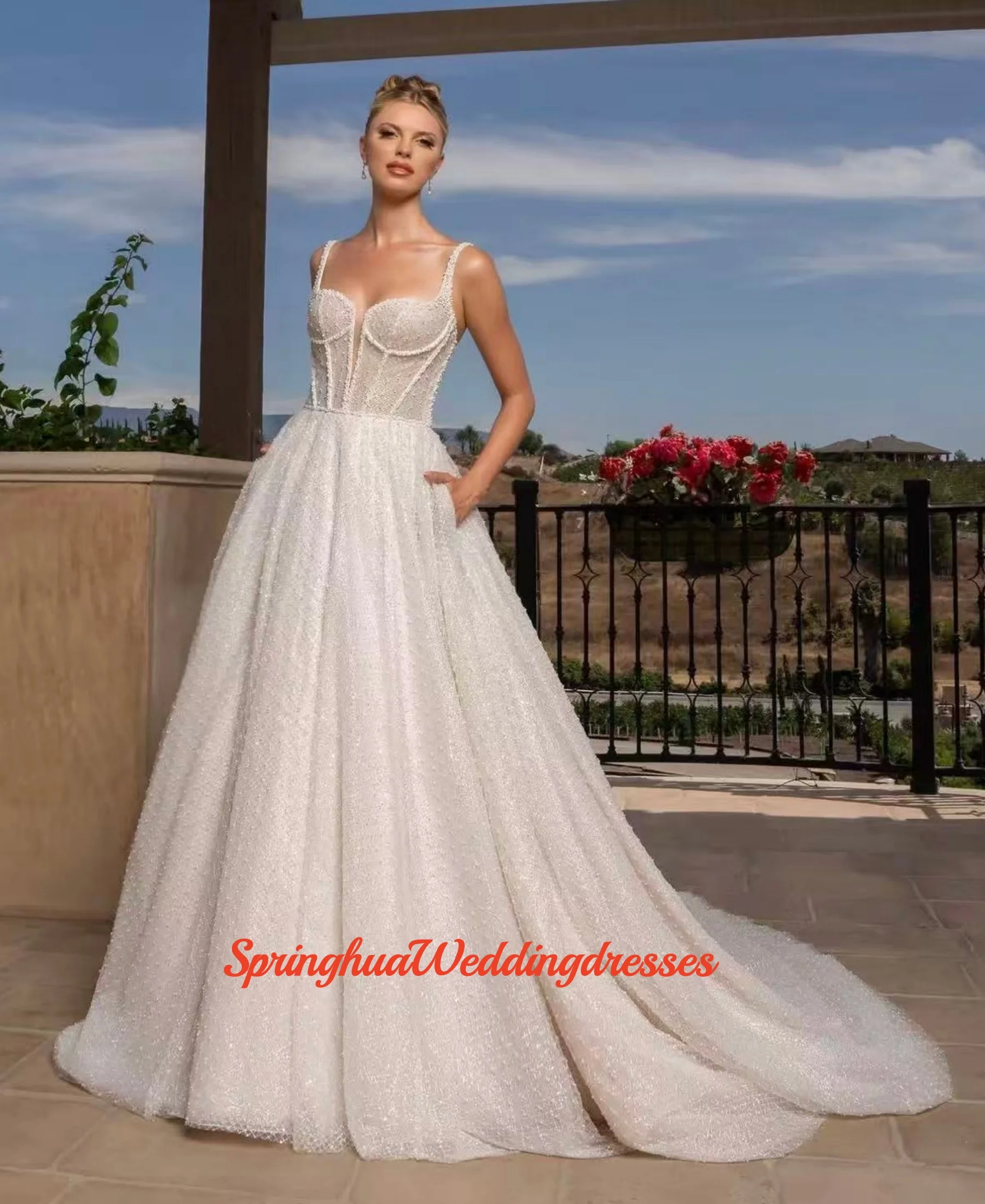 Customized Shiny Thin-Strap Tulle Beads Wedding Dress for Women Sweetheart Bridal Dress Vestidos De Novia