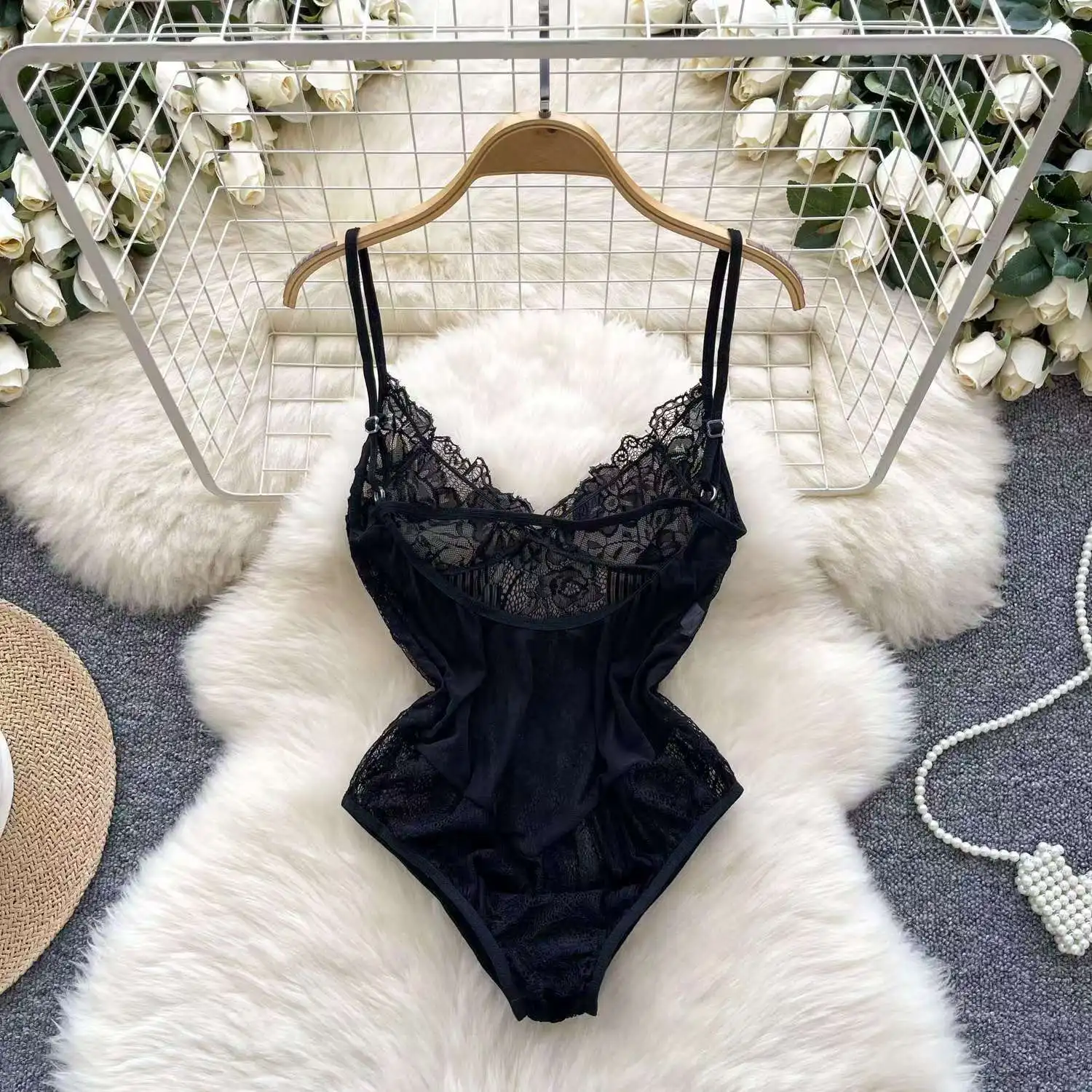 Women' Sexy Lace Camisole Slim Solid Color Sleeveless Bodysuit Erotic Lingerie V-Neck Ultra-Thin Pajamas Hollow Sheer Playsuit