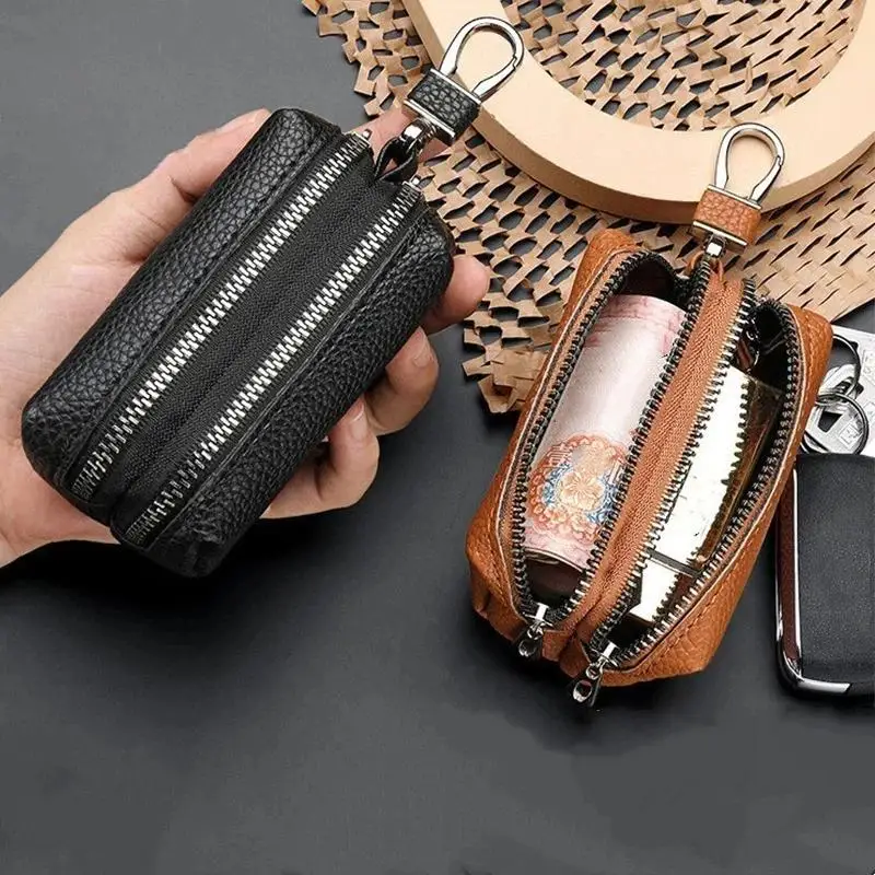 Leather Car Key Wallet Double Zipper Design 1Pcs Water-resistant Key Holder Keychain Case for Car Owners