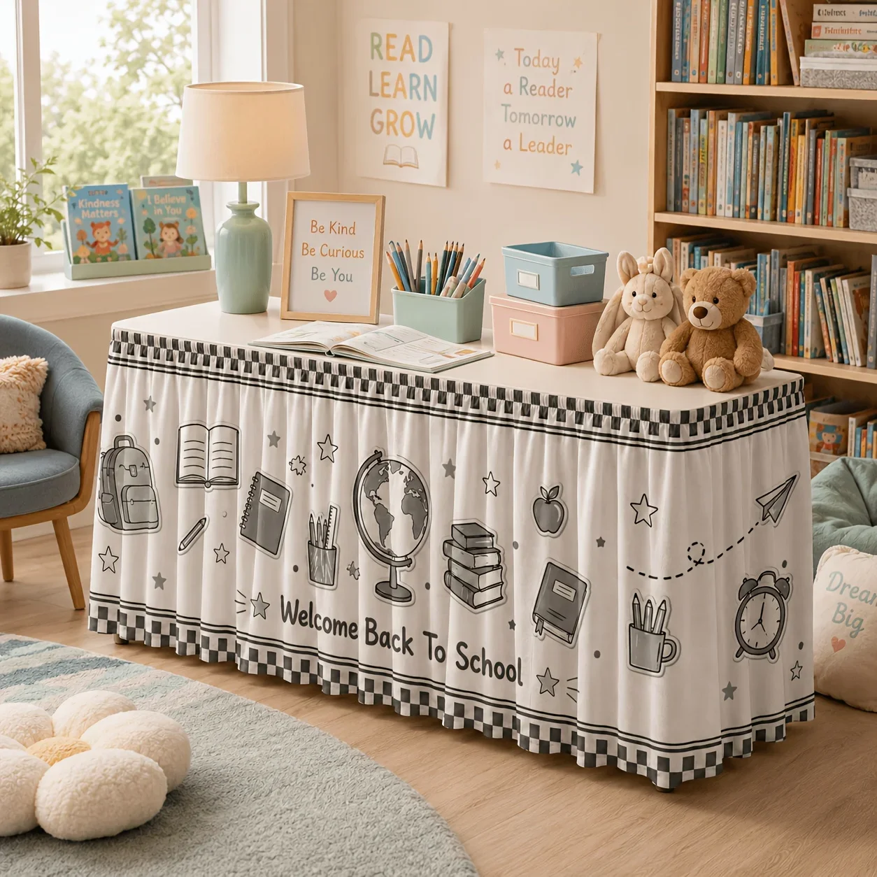 Table skirt 1 piece Welcome back to school Single-color check pattern Stationery earth print Polyester table skirt