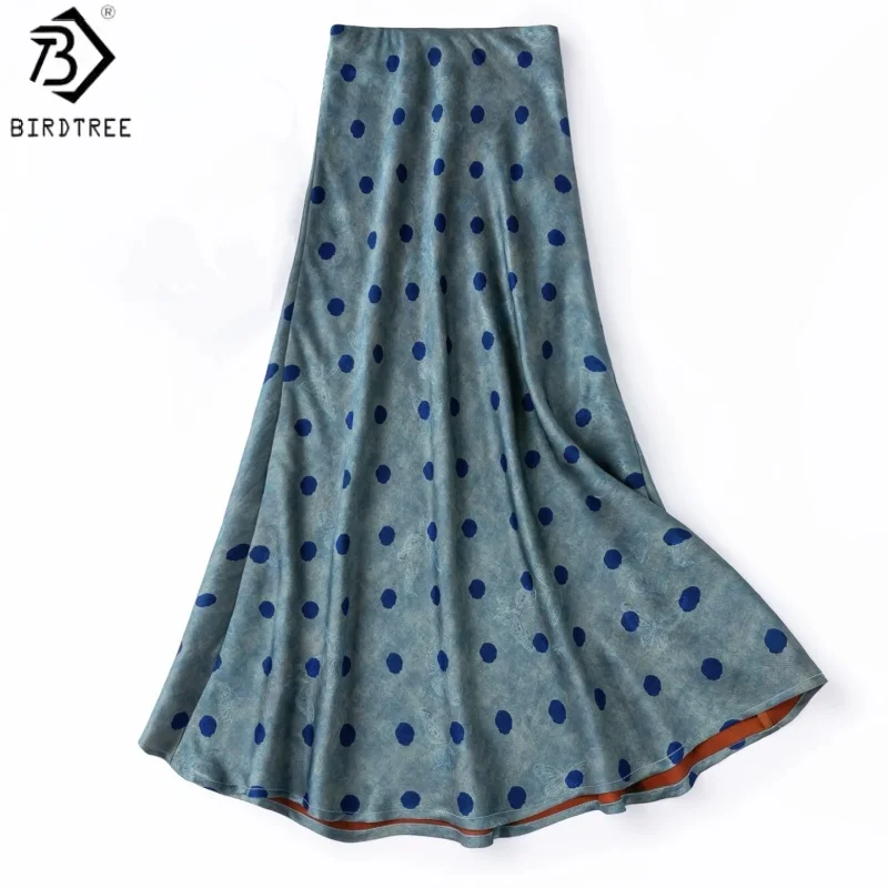 Birdtree, 100% Real Silk Dot Print Skirt, Bias-cut, Women's Xiangyunsha Fishtail Skirts, Elastic Waist, 2026 Summer New D65404JF
