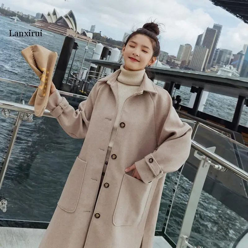 

Autumn Winter Wool Woolen Coat Hot Sale Casual New V-Neck Winter Coat Women Belt Beige Temperament Coat