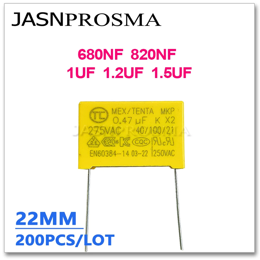 JASNPROSMA X2 275VAC 680NF 820NF 1UF 1.2UF 1.5UF Шаг 22 мм 200 шт. 0.68UF 0.82UF 684 824 105 125 155 10% K безопасный конденсатор MKP