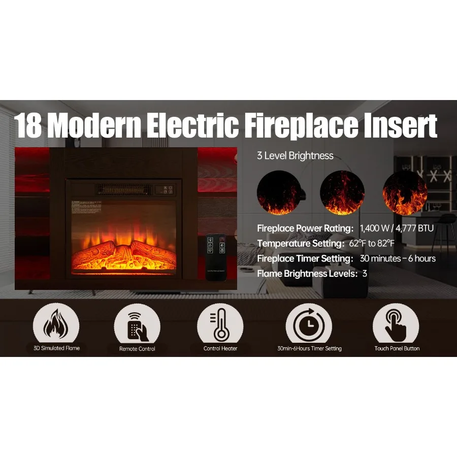 حامل تلفزيون مدفأة كهربائية حامل تلفاز مع أرفف زجاجية حامل تلفزيون مدفأة ثلاثي الأبعاد مع أضواء LED خشب مع منفذ شحن USB