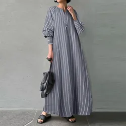 Arabic Abaya Kaftan Islamic Ramada Prayer Women Gown Dubai Turkey Striped Casual Retro Fashion Linen Robe Dress Muslim Clothing